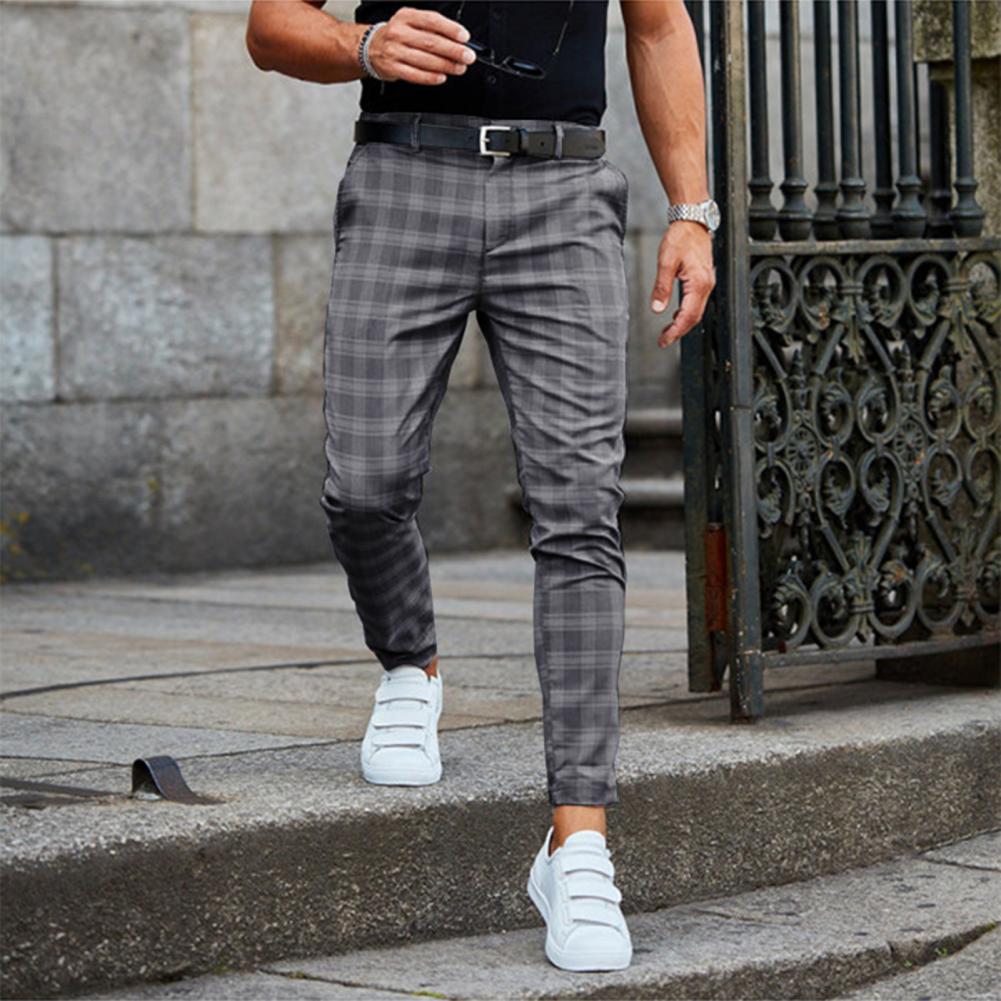 Slim checked ankle pants with belt loops