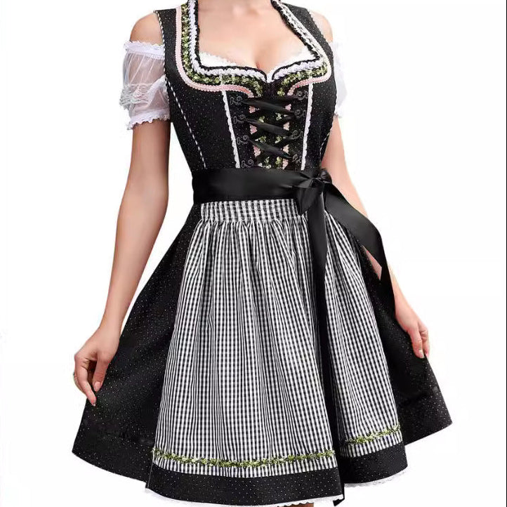 Sukienka Oktoberfest w Kratkę z Koronkowym Sznurowaniem