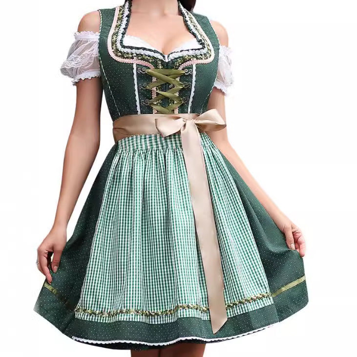 Sukienka Oktoberfest w Kratkę z Koronkowym Sznurowaniem