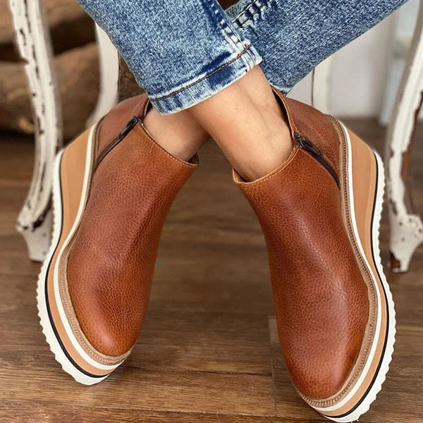Round-Toe Wedge Ankle Boots with Side Closure