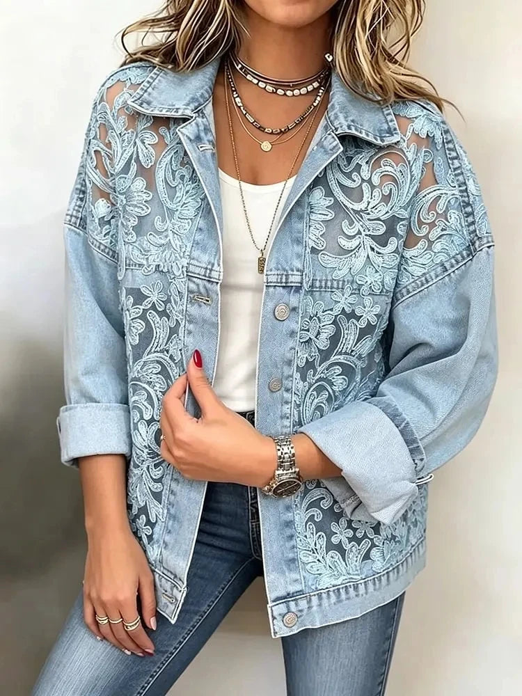 Floral Button-Front Blazer with Collar, Sheer Panels and Cuffs