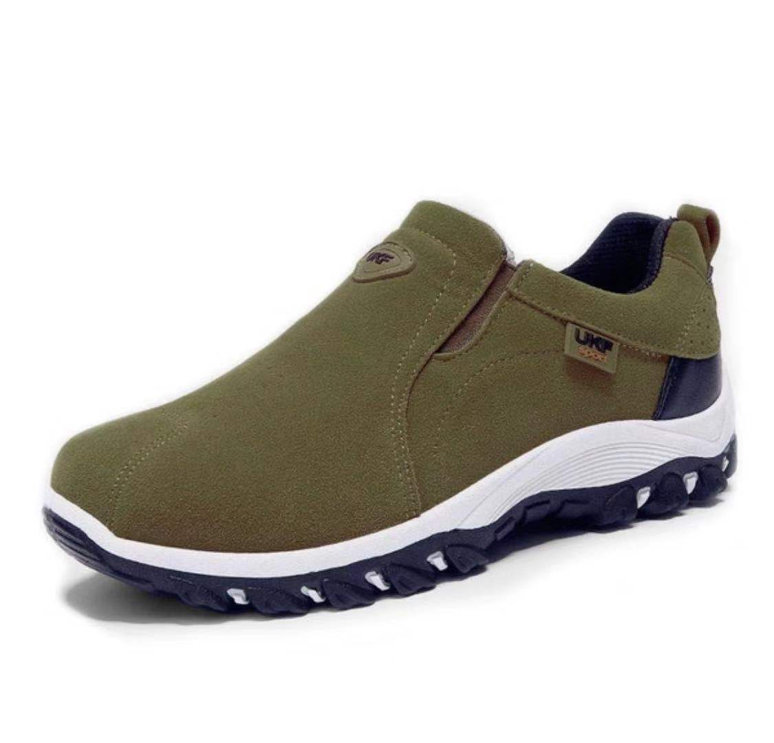 Slip-on shoes with panels and elastic inserts