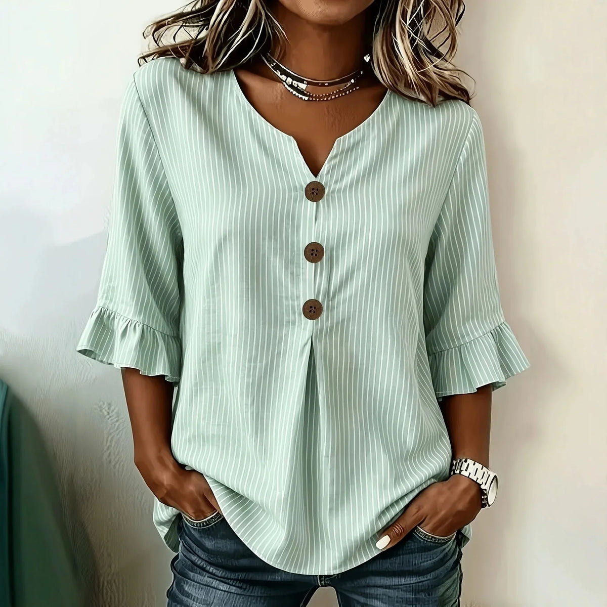 Striped Button-Front Blouse with Ruffles, Flared and Pleated