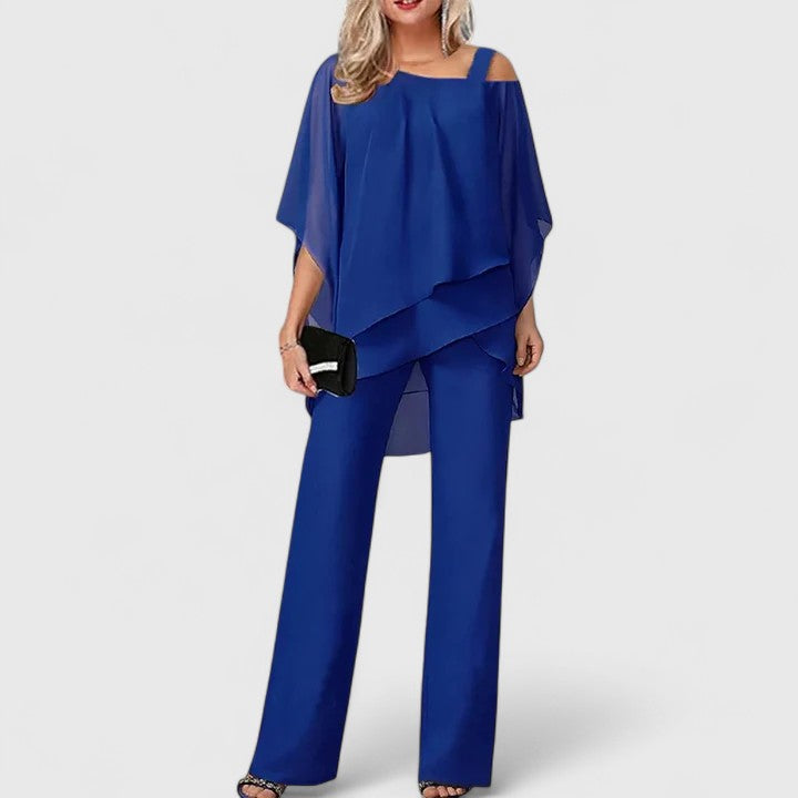Asymmetrical set with a layered coat and straight-cut pants