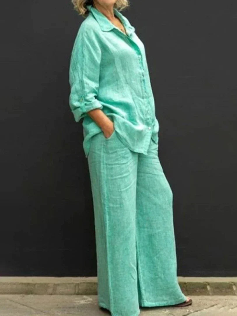 Loose collared button-up set with wide legs and pockets