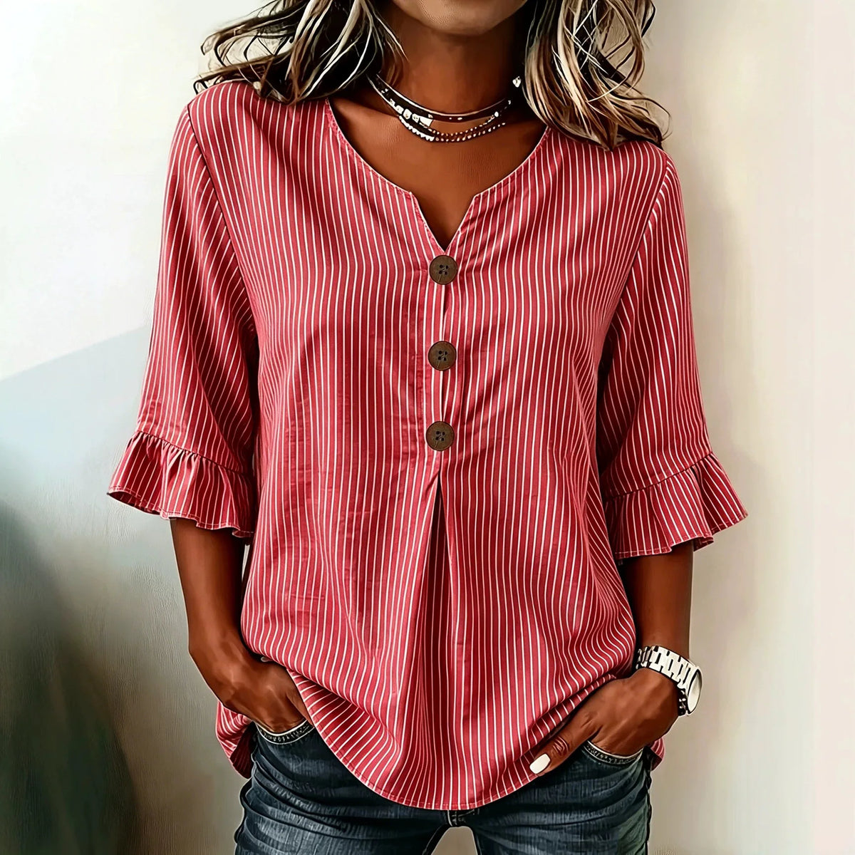 Striped Button-Front Blouse with Ruffles, Flared and Pleated