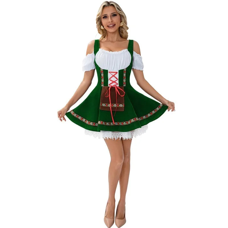 Sukienka Damska Dirndl z Odkrytymi Ramionami i Sznurowaniem Mini