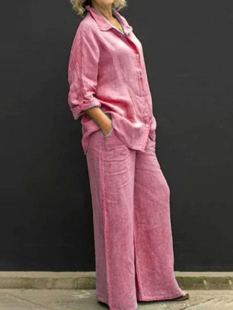 Loose collared button-up set with wide legs and pockets