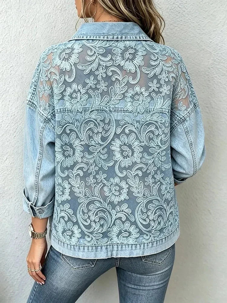 Floral Button-Front Blazer with Collar, Sheer Panels and Cuffs