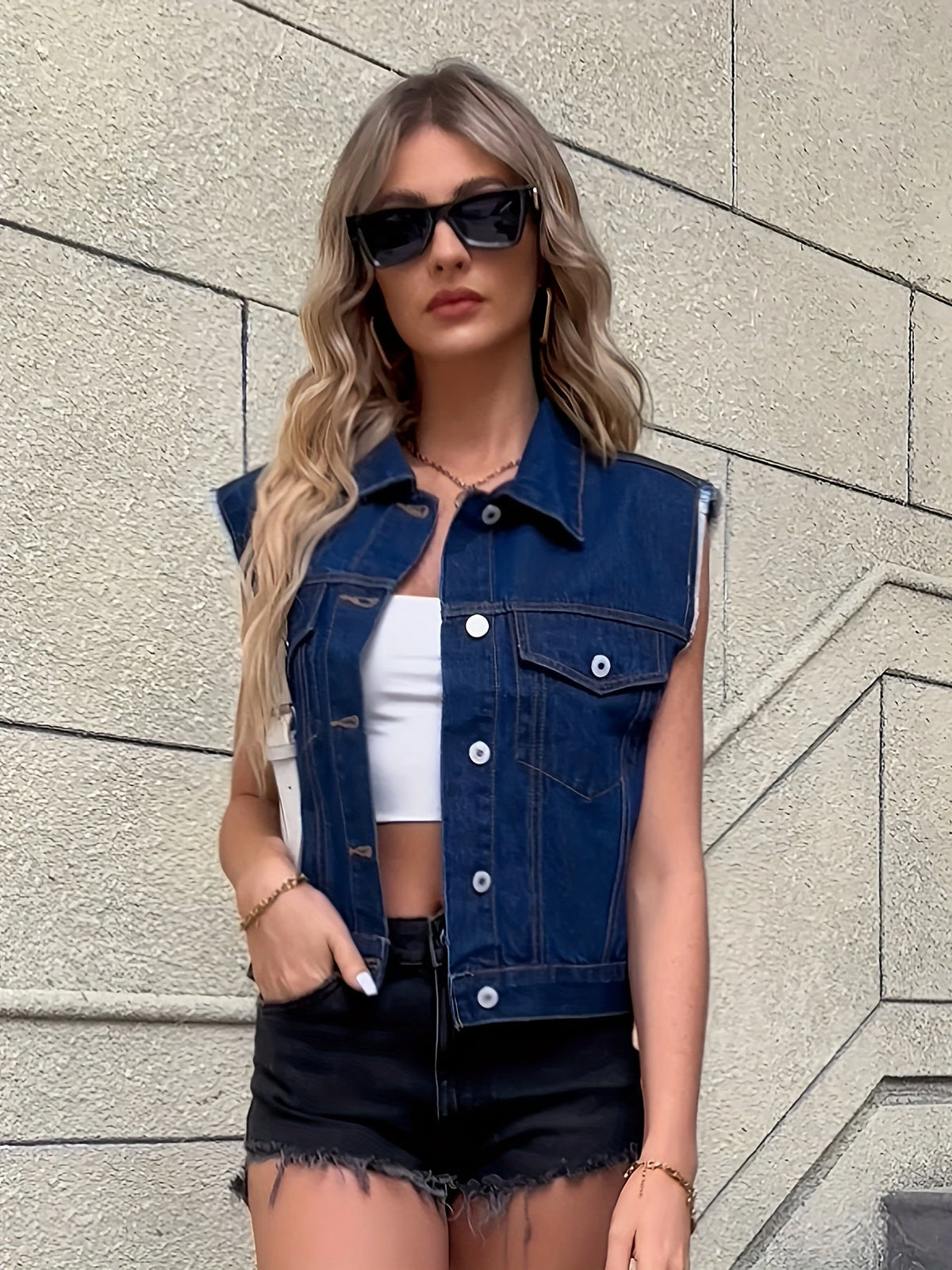 Frayed-edge collarless cropped jacket with buttons and pockets