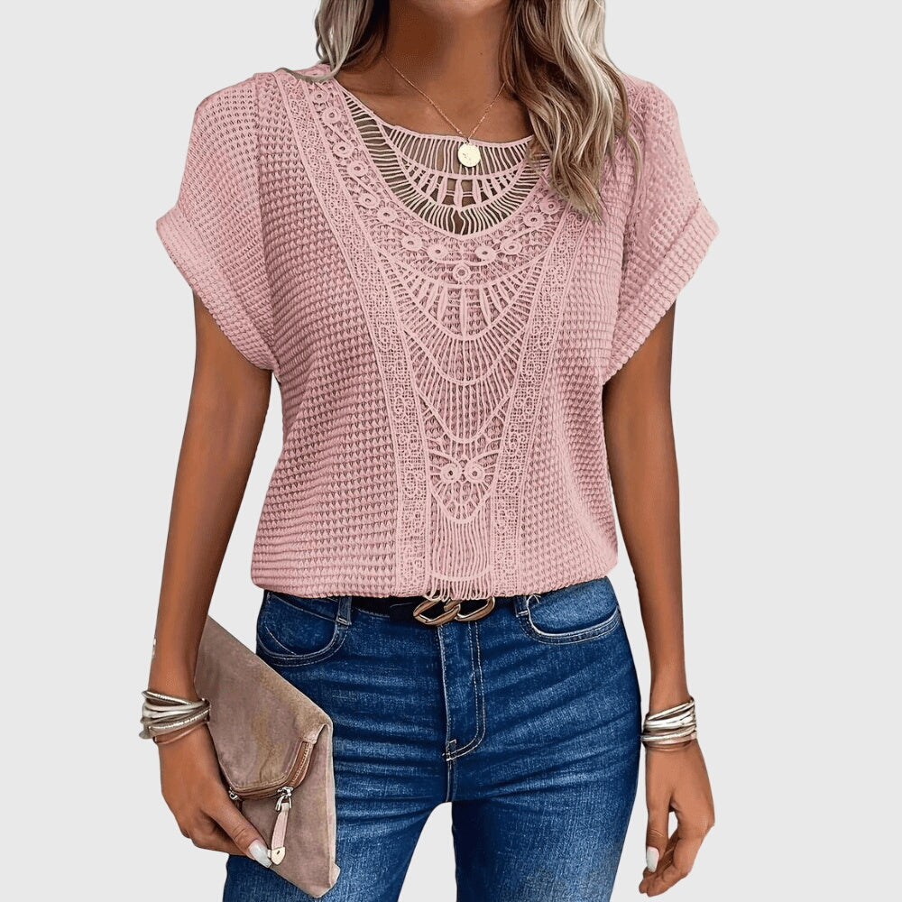 Textured perforated geometric loose top with rolled-up sleeves