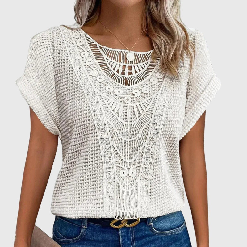 Textured perforated geometric loose top with rolled-up sleeves