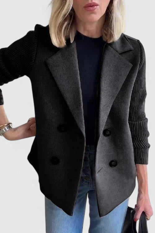 Structured Ribbed Lapel Blazer with Buttons and Panels