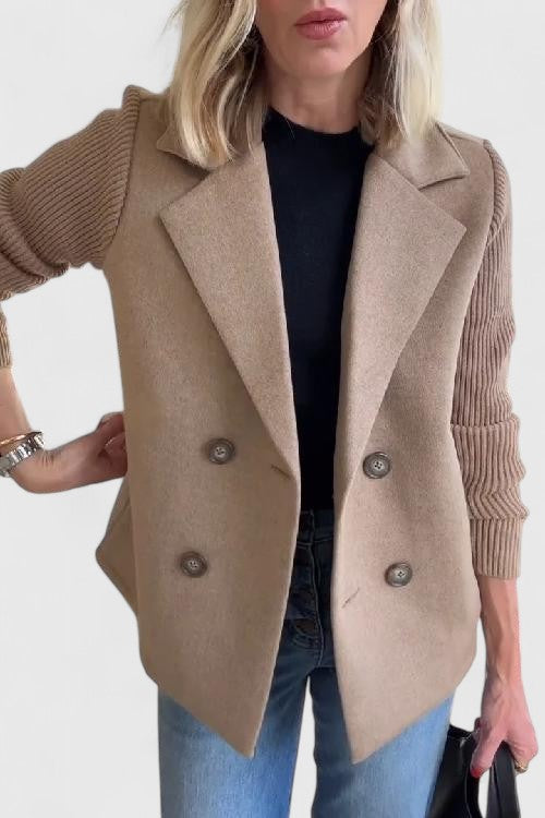 Structured Ribbed Lapel Blazer with Buttons and Panels