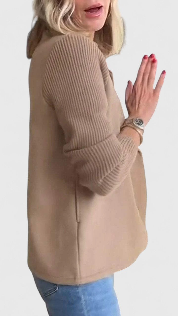 Structured Ribbed Lapel Blazer with Buttons and Panels