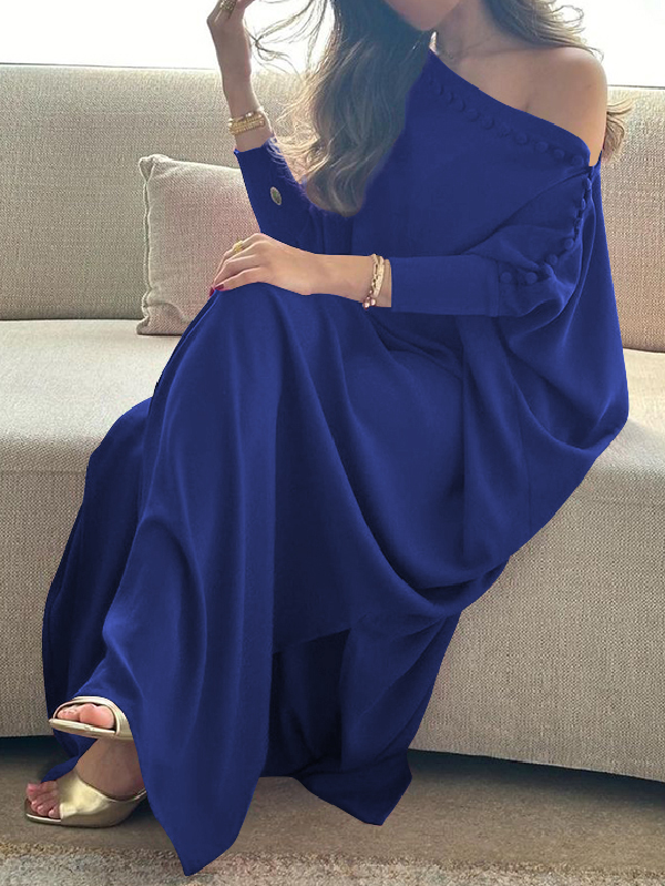 Maxi dress with an asymmetrical neckline and shoulder slit
