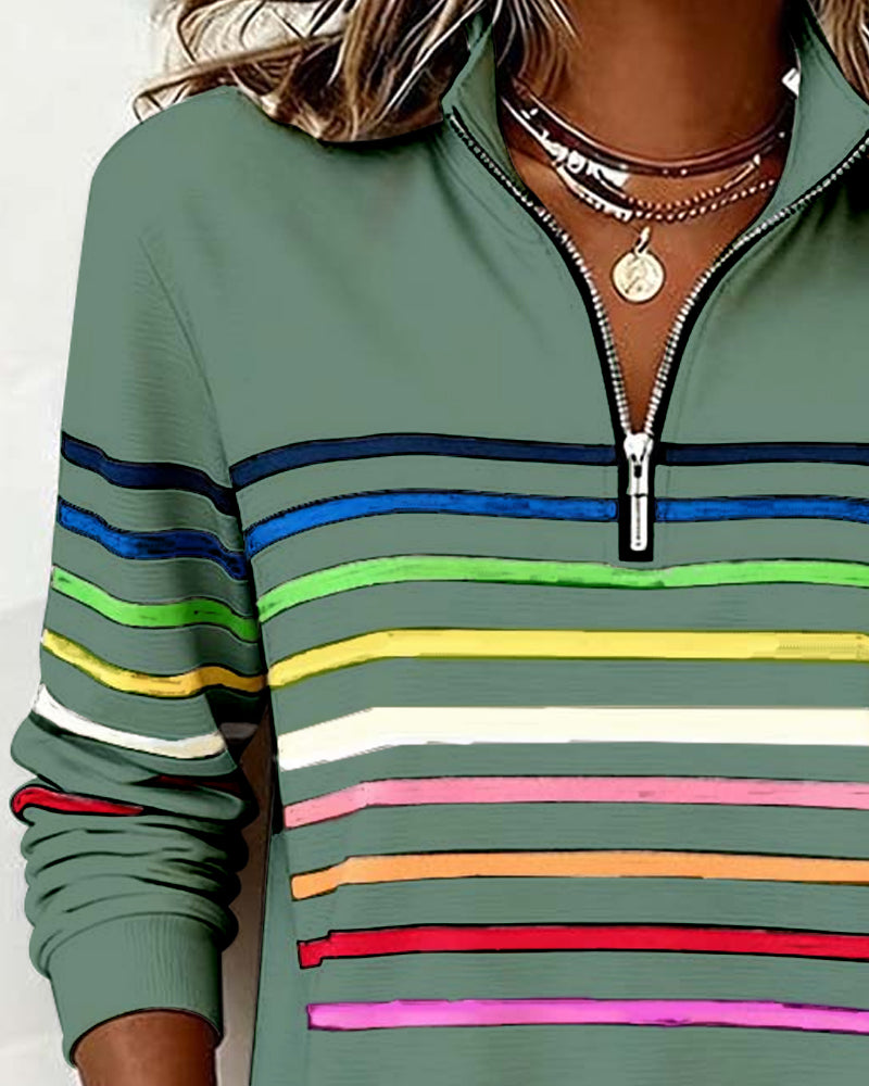 Bluza Damska ze Stójką i Krótkim Zamkiem w Kolorowe Paski