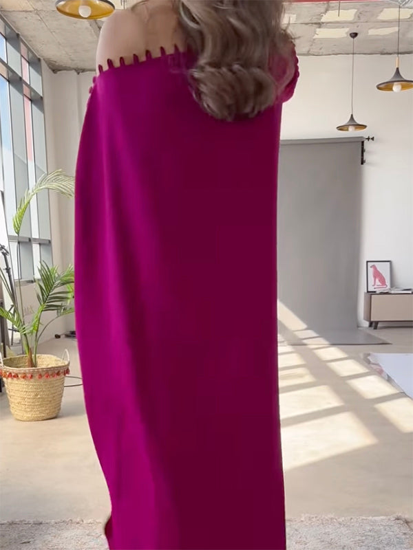 Maxi dress with an asymmetrical neckline and shoulder slit