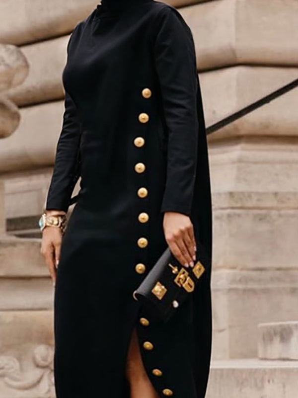 Button-front maxi dress with a stand collar and long sleeves