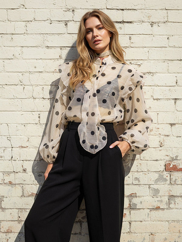 Blouse with a sheer collar and polka-dot ruffles