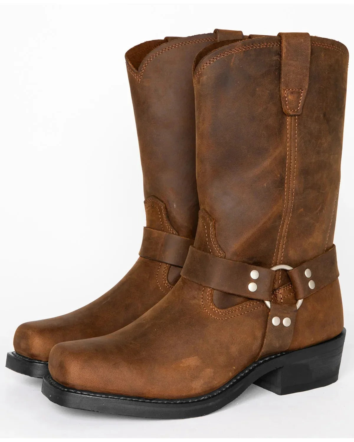 Booties with decorative straps, ankle straps, studs, and a square heel