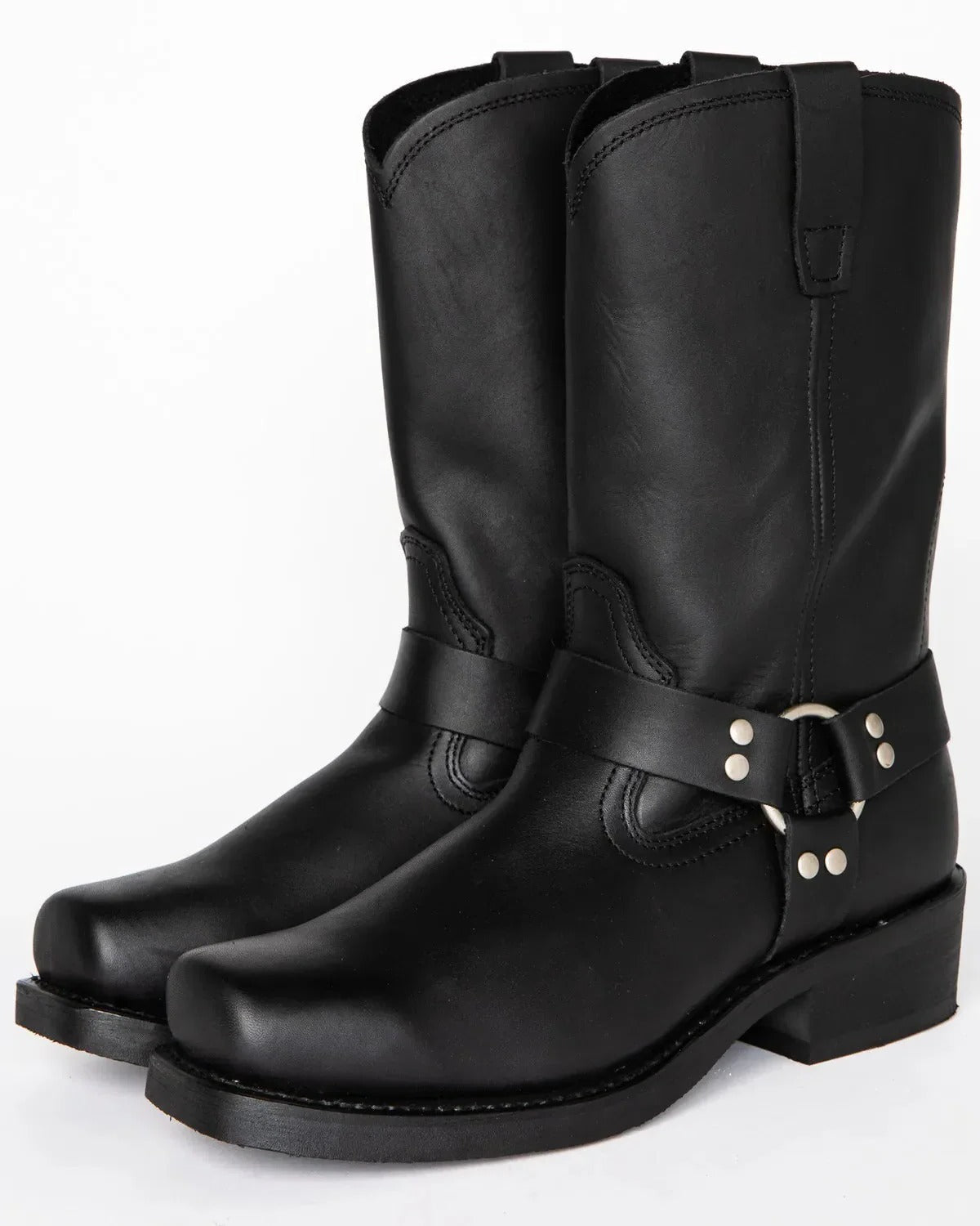 Booties with decorative straps, ankle straps, studs, and a square heel