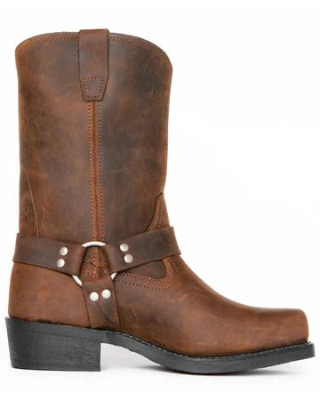 Booties with decorative straps, ankle straps, studs, and a square heel