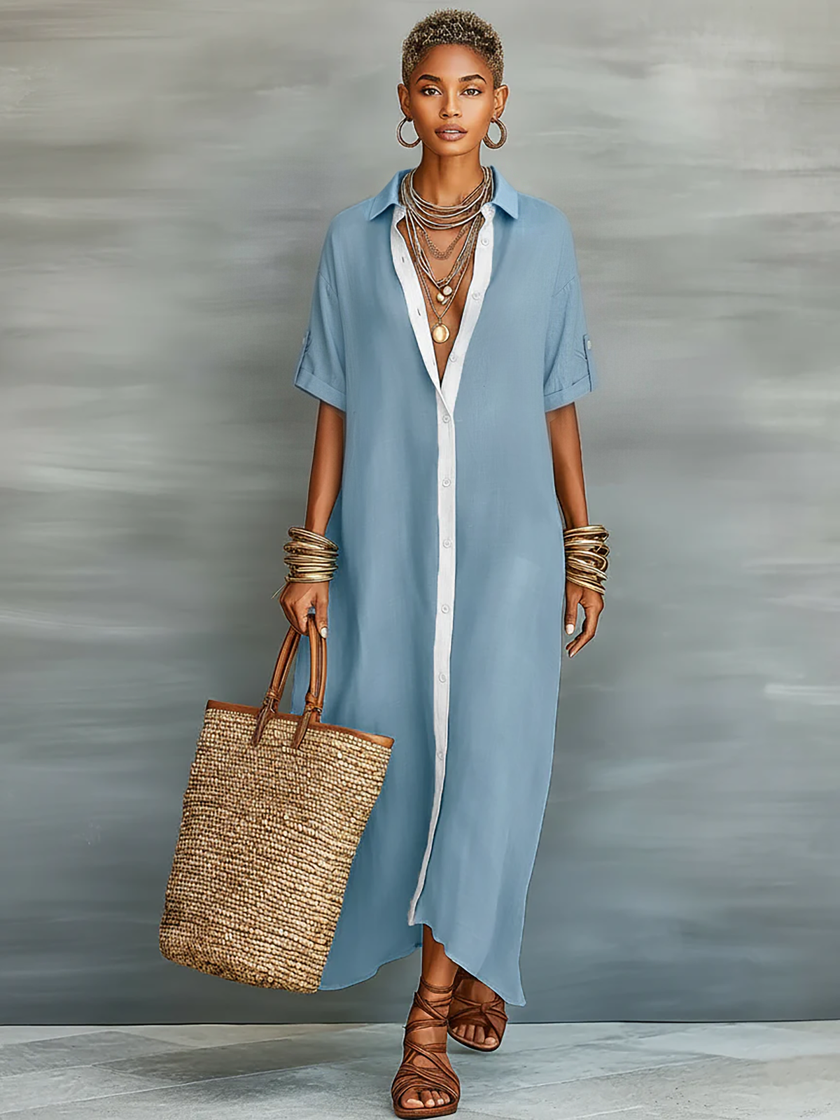Maxi dress with a collar and button, short sleeves