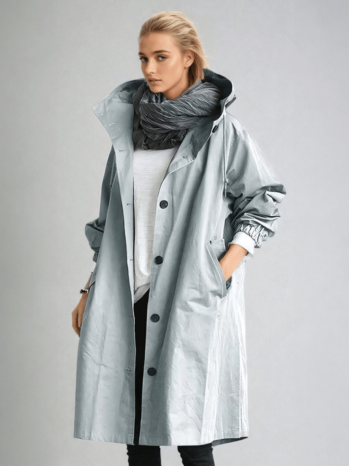 Hooded trench coat with button fastening and pockets