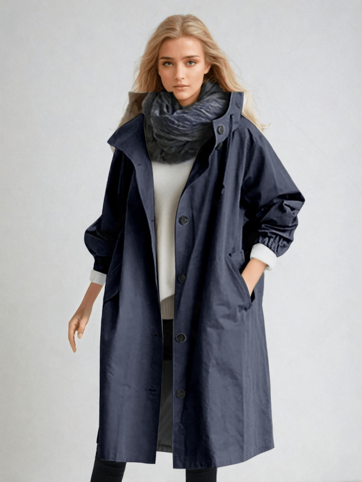 Hooded trench coat with button fastening and pockets