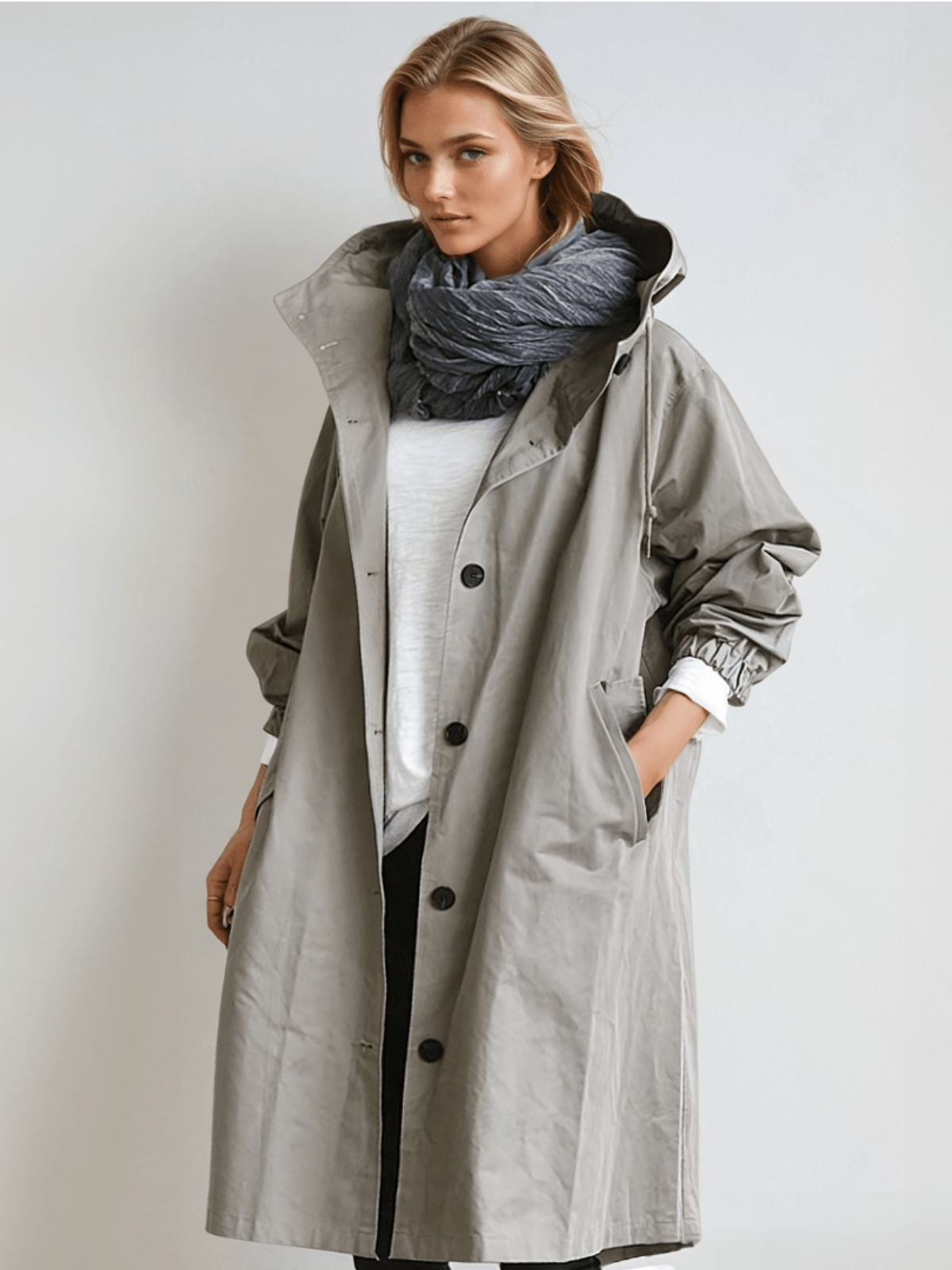 Hooded trench coat with button fastening and pockets