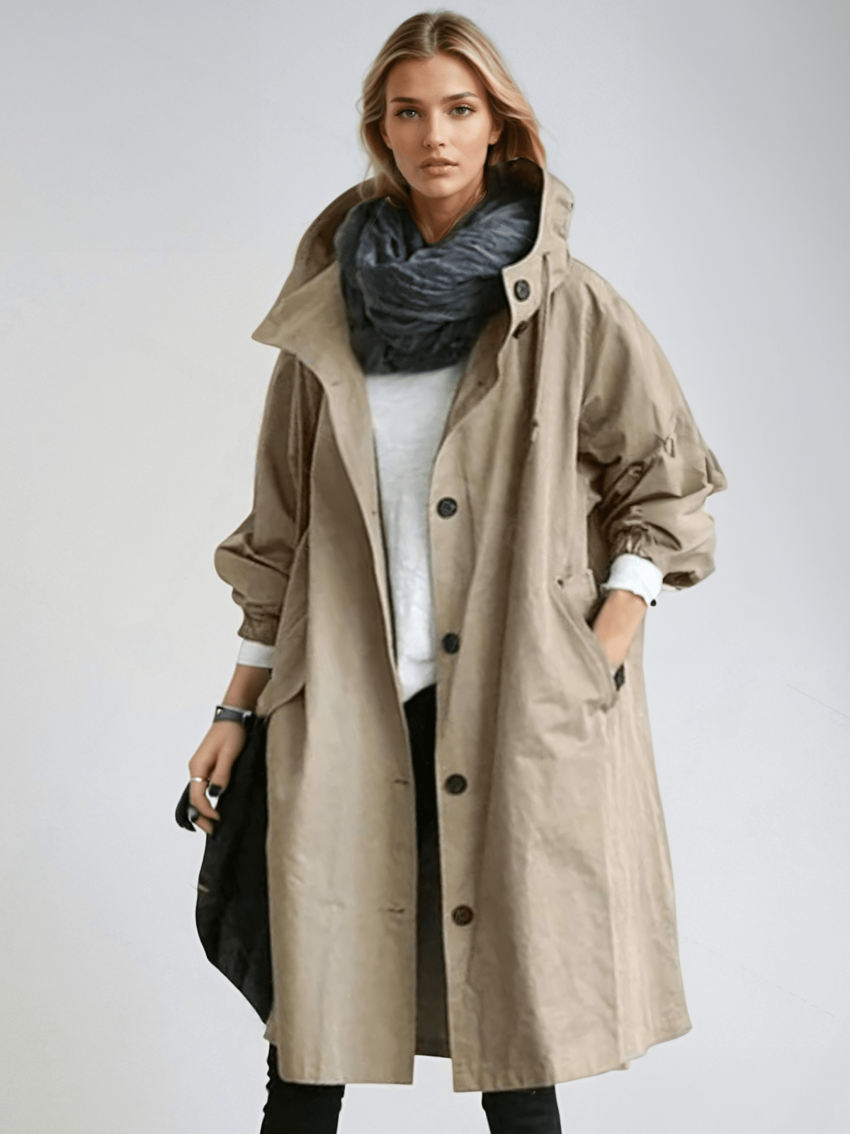 Hooded trench coat with button fastening and pockets