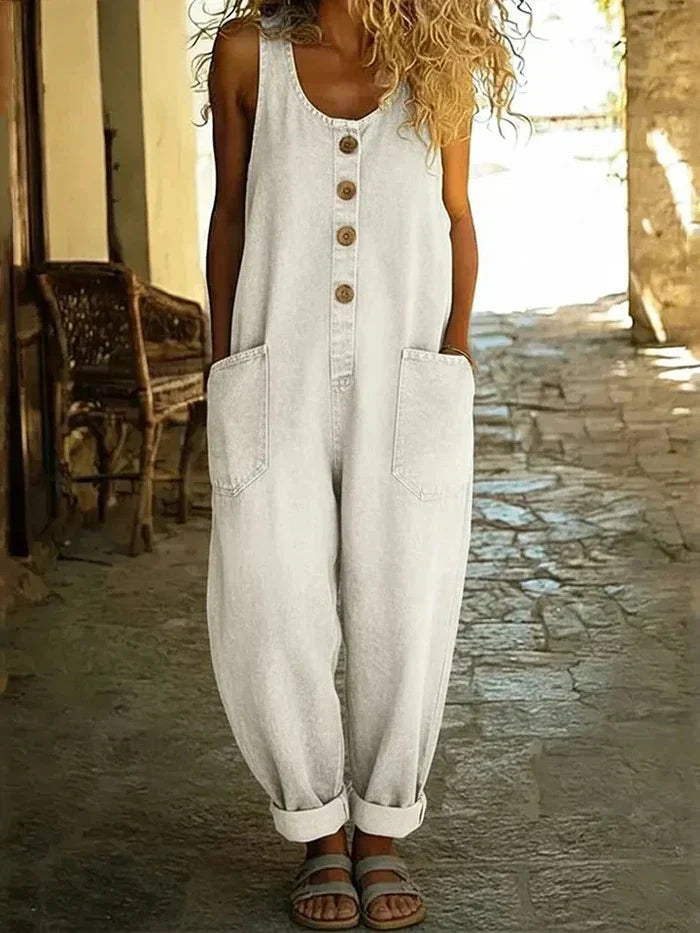 Strapless jumpsuit with a V-neck, buttons, and pockets
