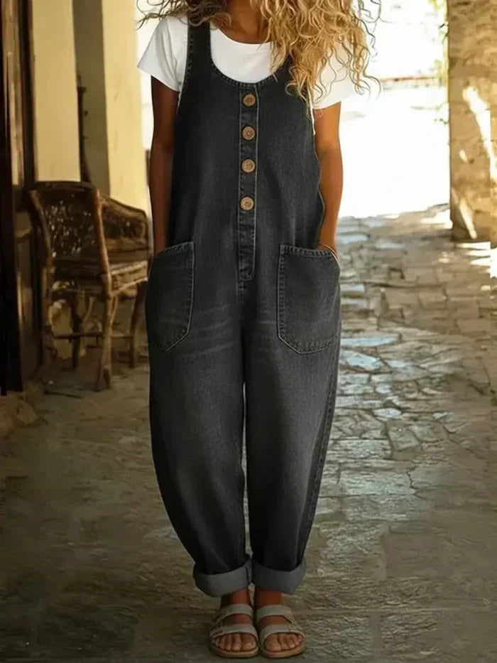 Strapless jumpsuit with a V-neck, buttons, and pockets
