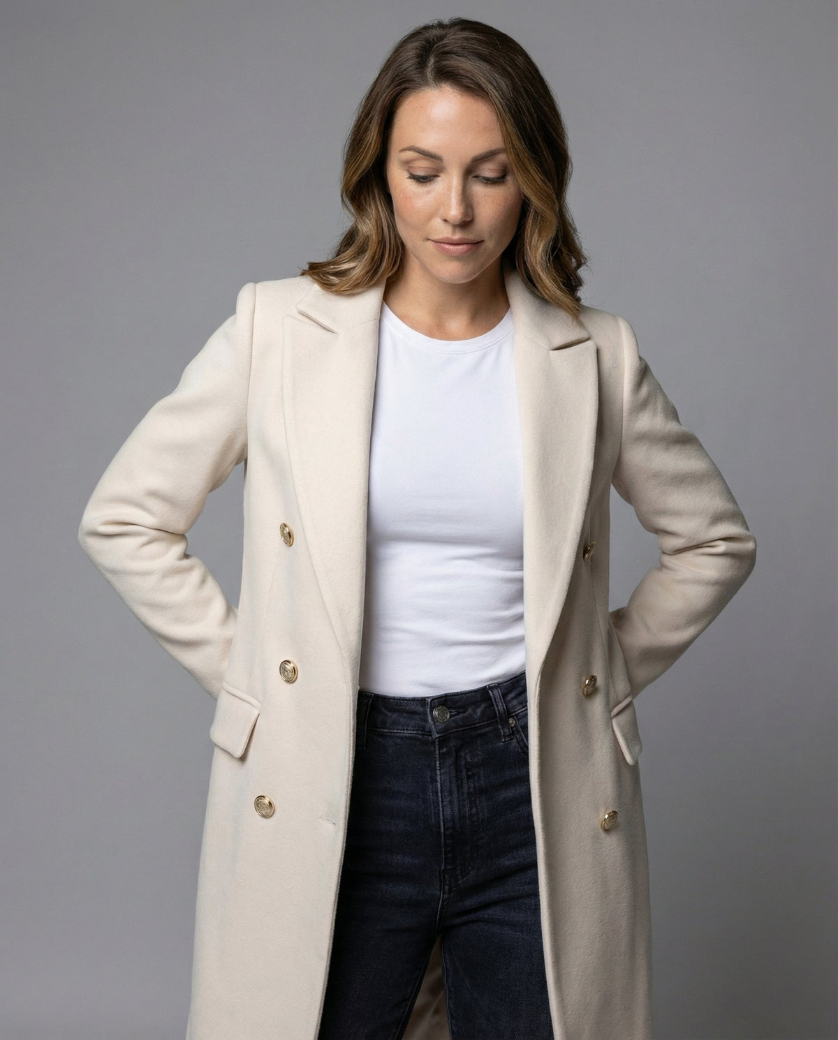 Long collared button-front coat