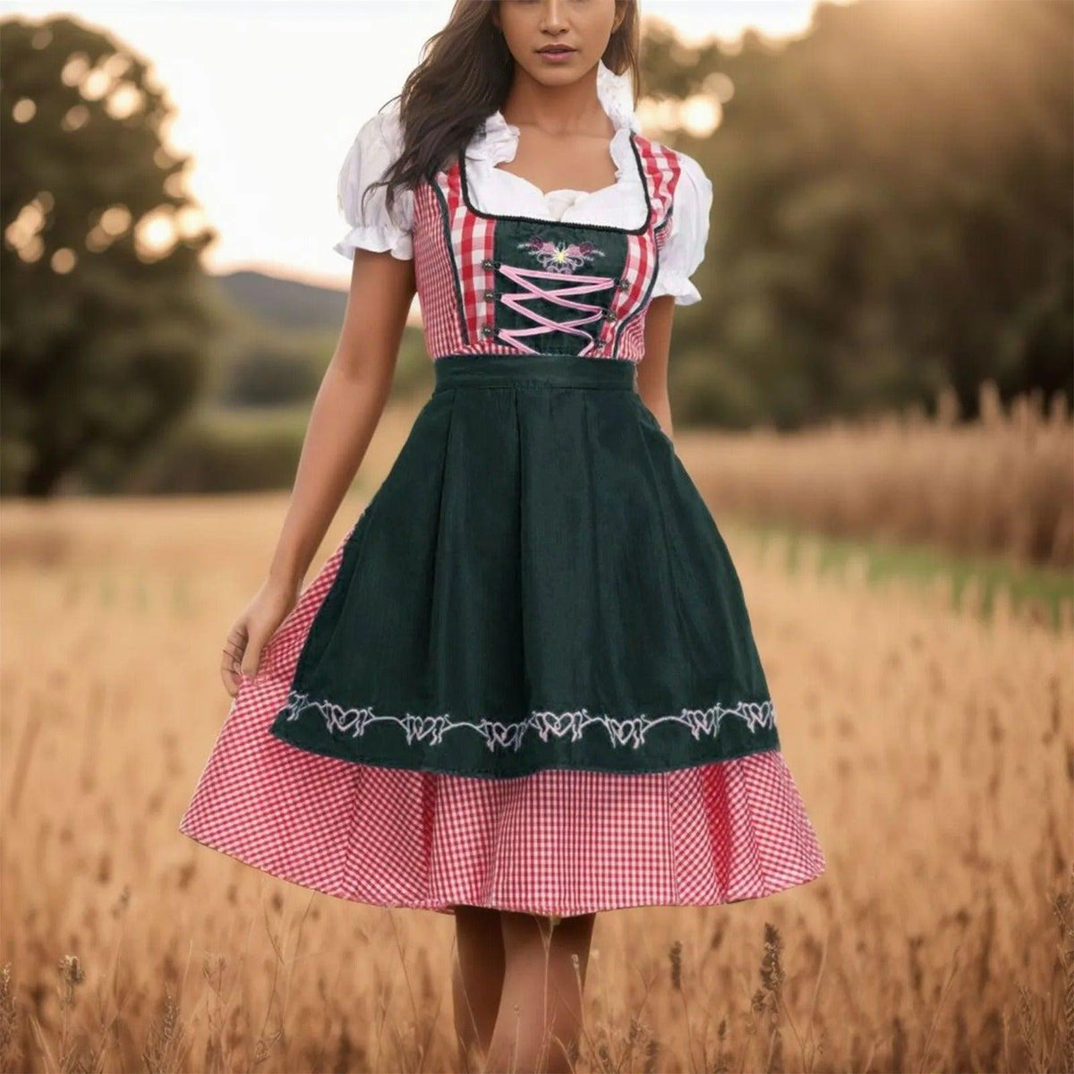 Sukienka Dirndl w Kratkę na Oktoberfest z Krótkim Rękawem