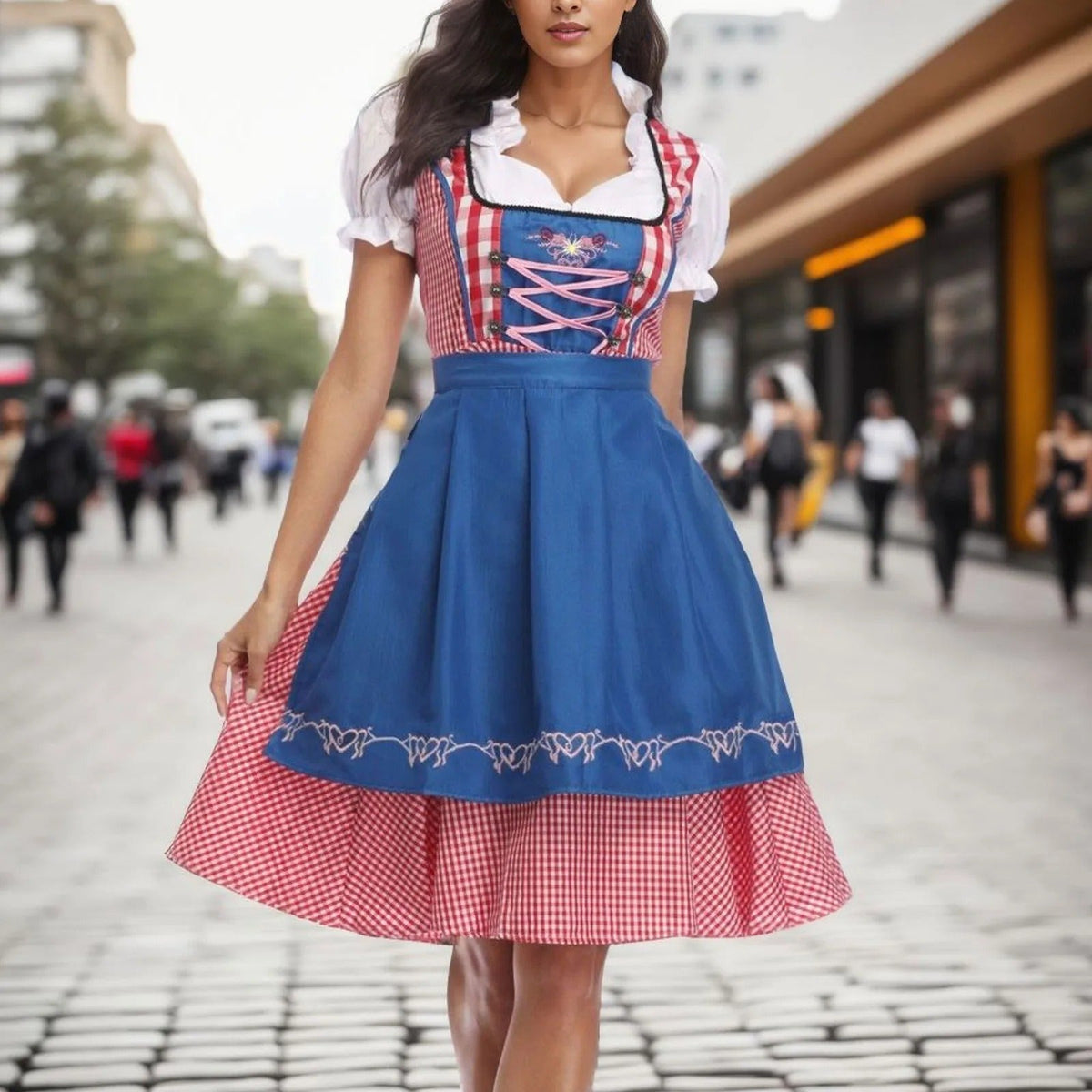 Sukienka Dirndl w Kratę z Krótkim Rękawem na Oktoberfest