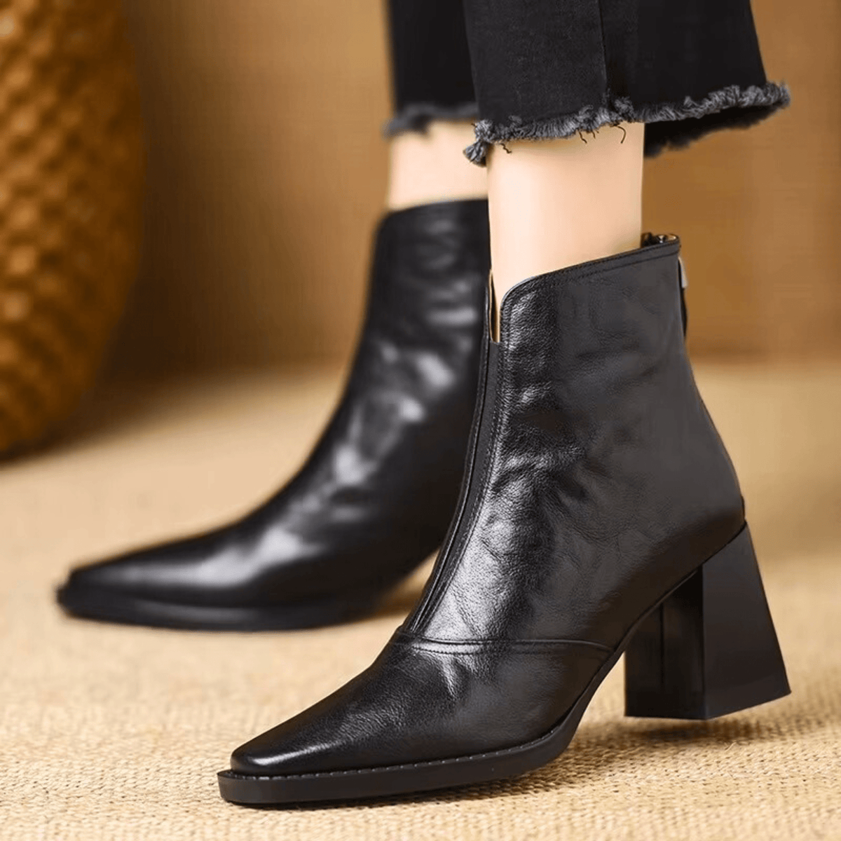 Pointed-Toe Block-Heel Ankle Boots