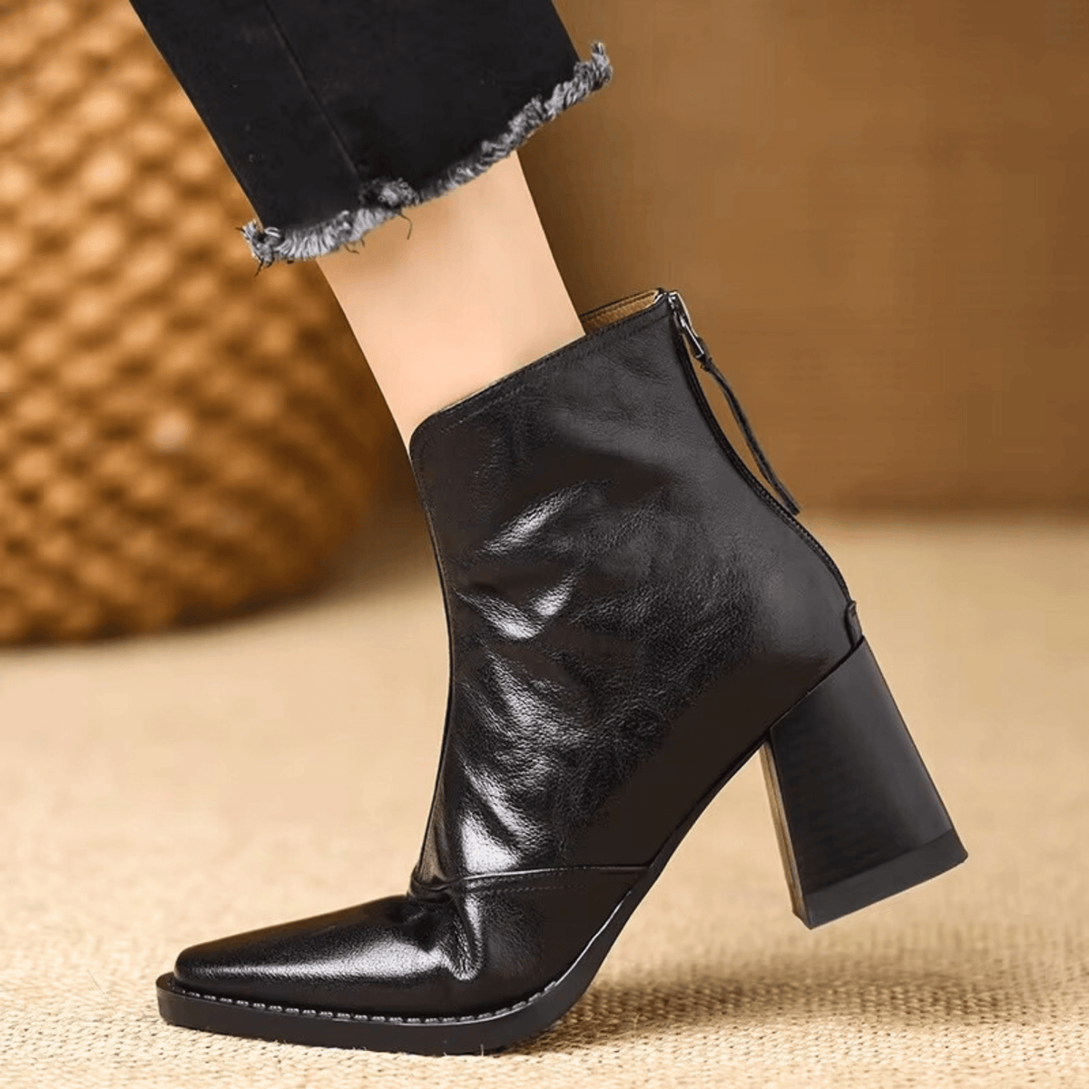 Pointed-Toe Block-Heel Ankle Boots