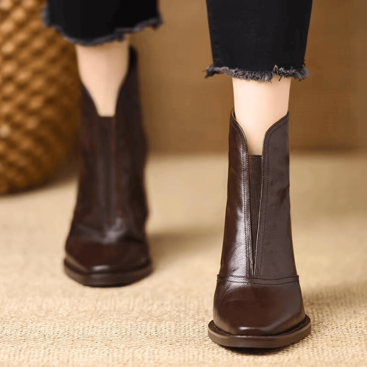 Pointed-Toe Block-Heel Ankle Boots