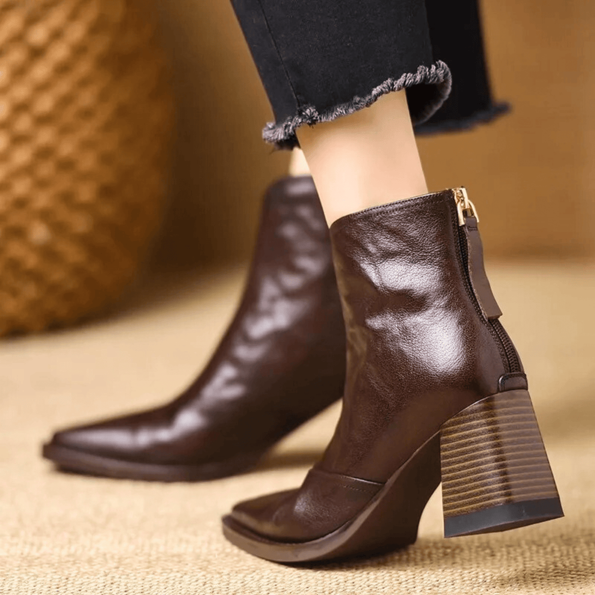 Pointed-Toe Block-Heel Ankle Boots