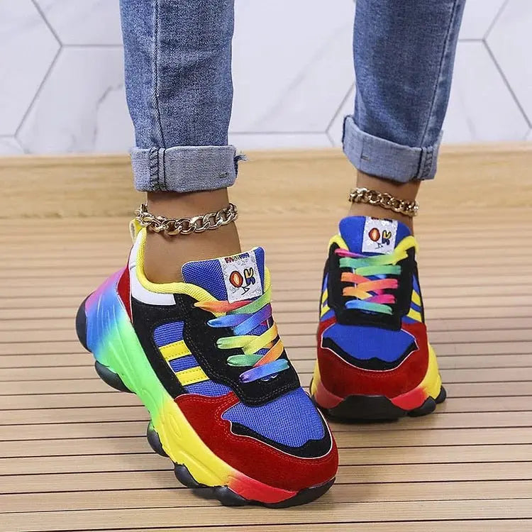 Damskie Sznurowane Sneakersy w Kolorowe Wzory na Grubej Podeszwie