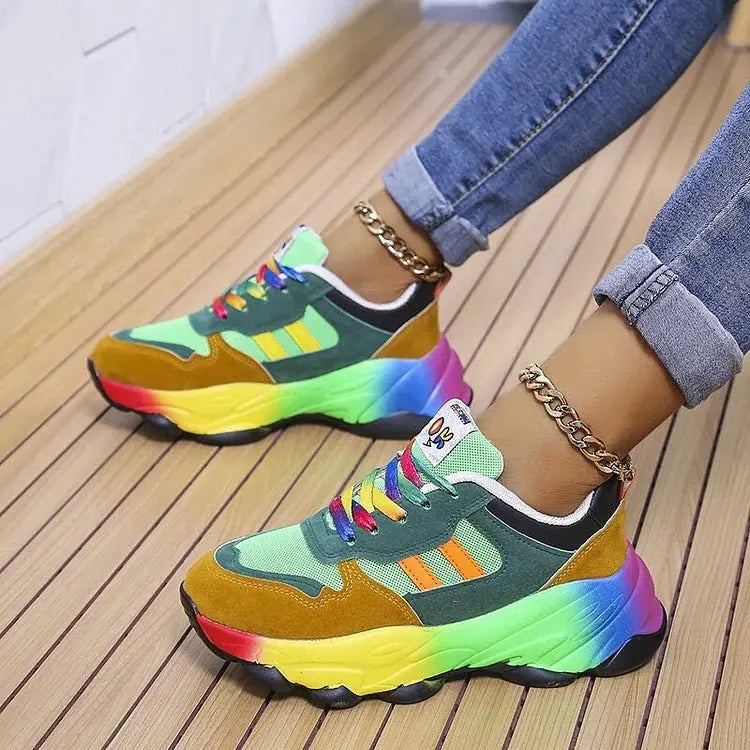 Damskie Sznurowane Sneakersy w Kolorowe Wzory na Grubej Podeszwie