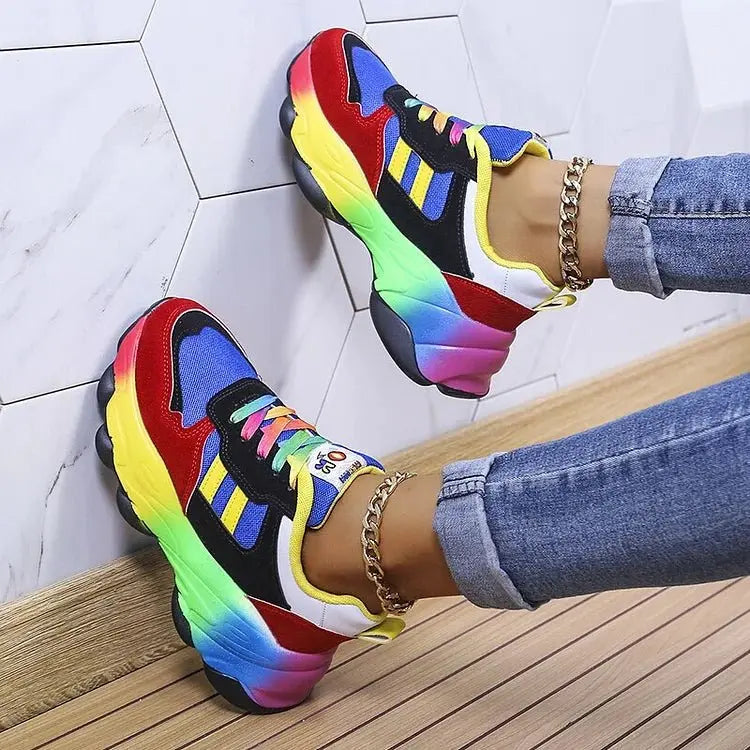 Damskie Sznurowane Sneakersy w Kolorowe Wzory na Grubej Podeszwie