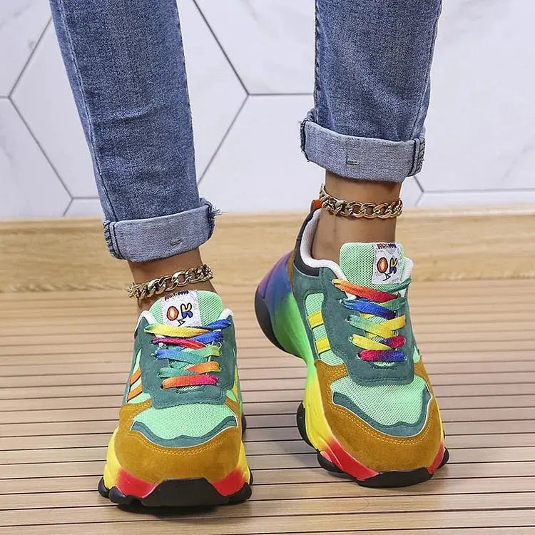 Damskie Sznurowane Sneakersy w Kolorowe Wzory na Grubej Podeszwie
