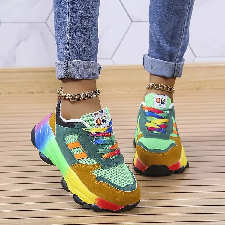Damskie Sznurowane Sneakersy w Kolorowe Wzory na Grubej Podeszwie