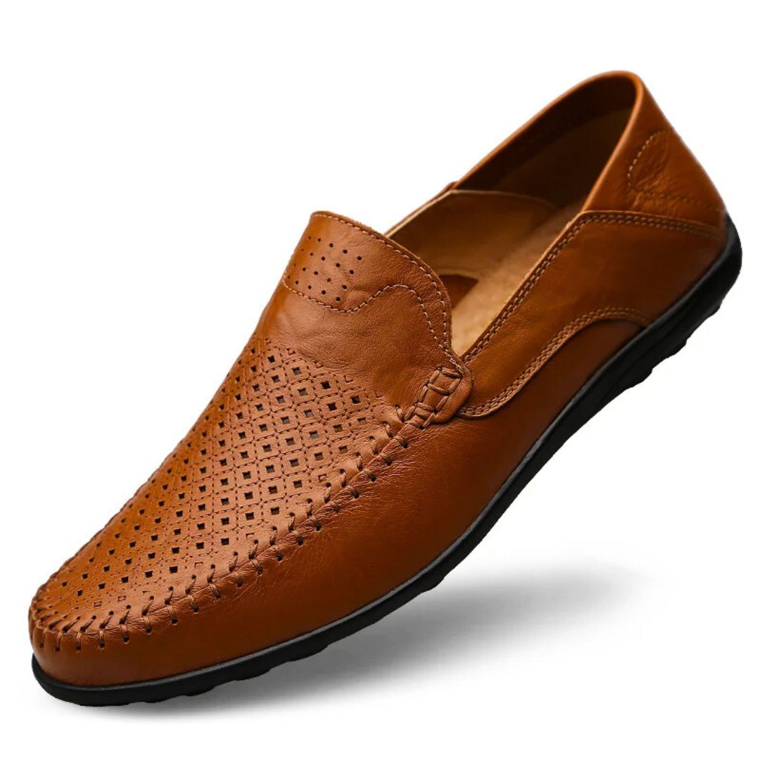 Perforated stitched panel low-profile flat loafers