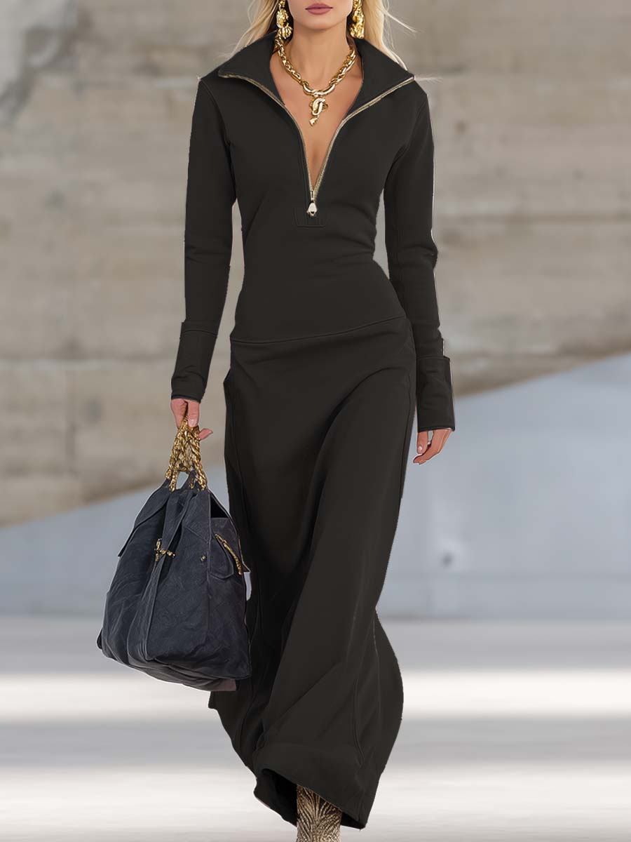 Sukienka maxi z długim rękawem i zamkiem błyskawicznym przy kołnierzyku