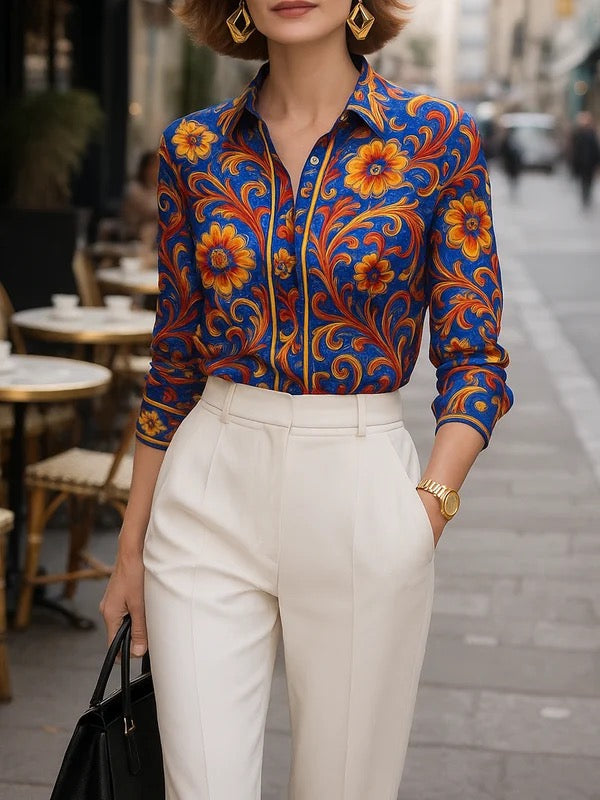 Button-front blouse with a floral pattern