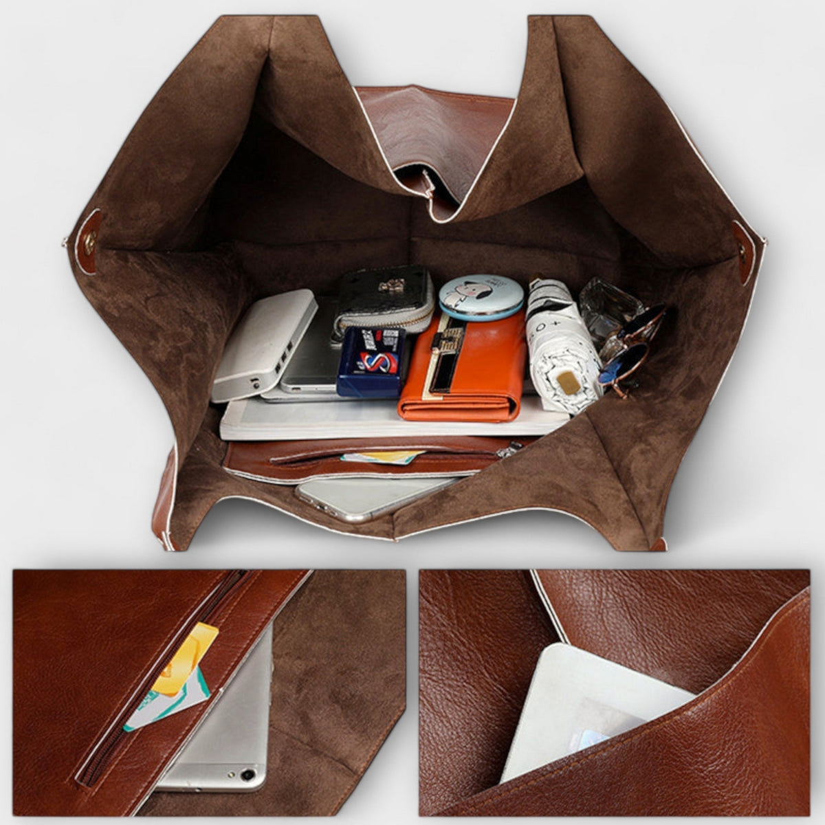 Loose Oversized Structured Stitched Foldover Bag with Pockets